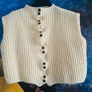 100% Wool Hand Knit Cream Button-Up Women's Boxy Sweater Vest